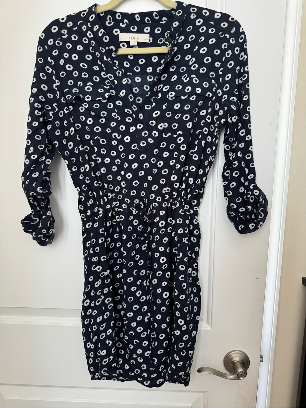 LOFT Navy and White Printed Long-Sleeve Shirt Dress